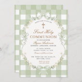 Sage Green Gingham First Holy Communion Invitation Kaart (Voorkant / Achterkant)