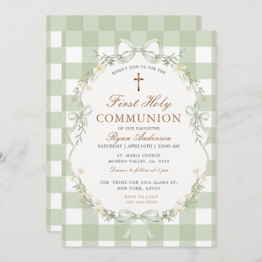 Sage Green Gingham First Holy Communion Invitation Kaart (Voorkant / Achterkant)