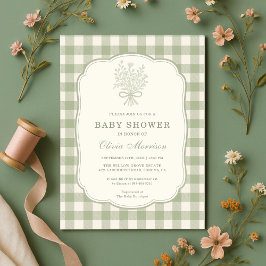 Sage Green Gingham Floral Bow Baby Shower Kaart