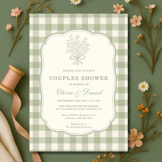 Sage Green Gingham Floral Bow Couples Shower Kaart