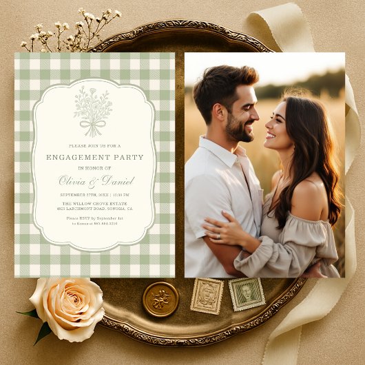 Sage Green Gingham Floral Photo Engagement Party Kaart