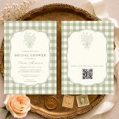 Sage Green Gingham Floral QR Code Bridal Shower Kaart