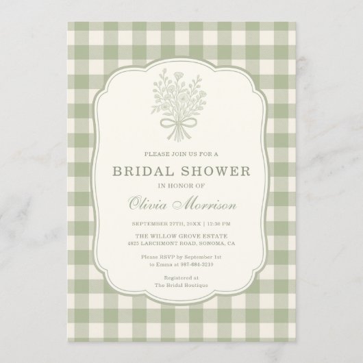 Sage Green Gingham Floral QR Code Bridal Shower Kaart (Voorkant)