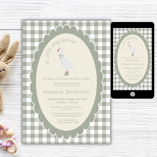 Sage Green Gingham Gekke Goose Baby shower Kaart