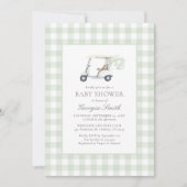 Sage Green Gingham Genderneutraal Golf Baby shower Kaart (Voorkant)