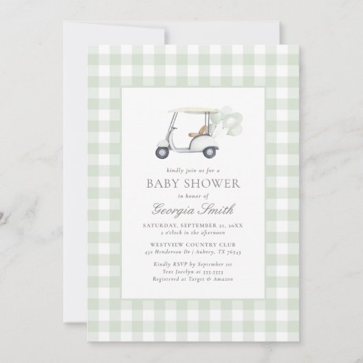 Sage Green Gingham Genderneutraal Golf Baby shower Kaart (Voorkant)