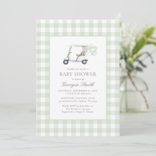 Sage Green Gingham Genderneutraal Golf Baby shower Kaart (Staand voorkant)