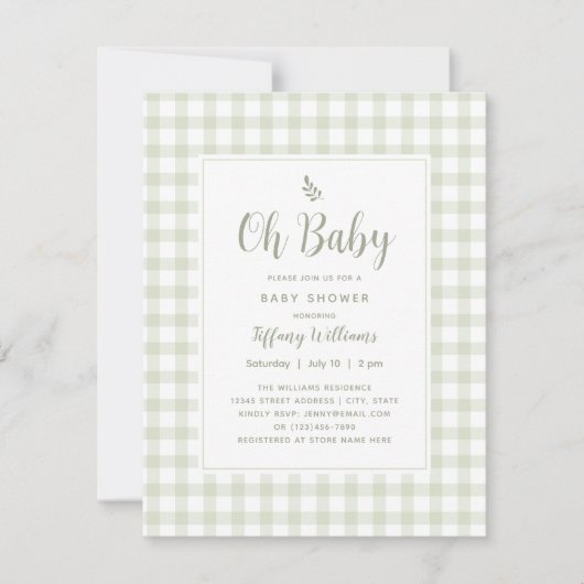 Sage Green Gingham Genderneutraal OH Baby shower Kaart (Voorkant)