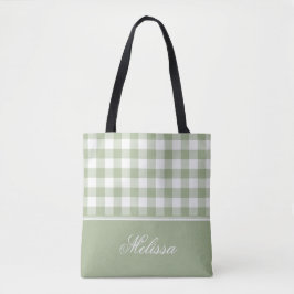 Sage Green Gingham | Gepersonaliseerd Tote Bag