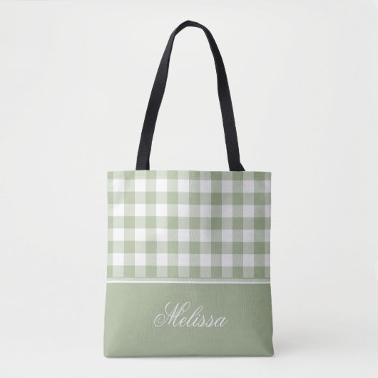 Sage Green Gingham | Gepersonaliseerd Tote Bag (Voorkant)