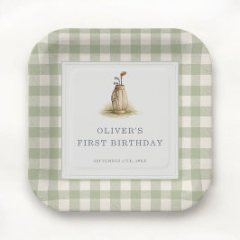 Sage Green Gingham Golf First Birthday Party Papieren Bordje