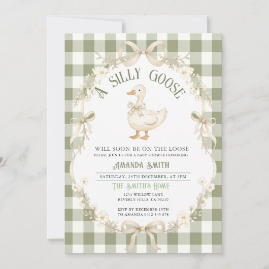 Sage Green Gingham Goose Baby Shower Invitation Kaart (Voorkant)