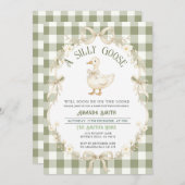 Sage Green Gingham Goose Baby Shower Invitation Kaart (Voorkant / Achterkant)