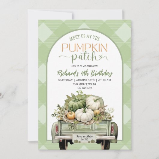 Sage Green Gingham Herfst Pompoen Patch Verjaardag Kaart (Voorkant)