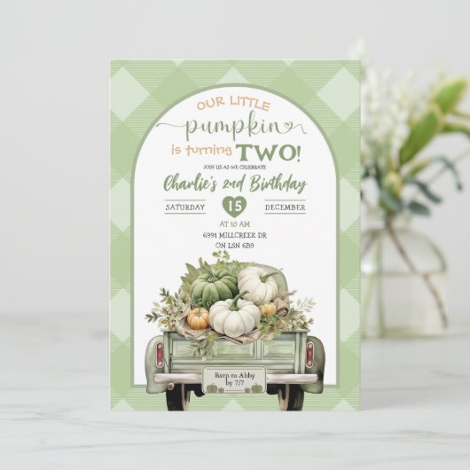 Sage Green Gingham Herfst Pompoen Thema Verjaardag Kaart (Staand voorkant)