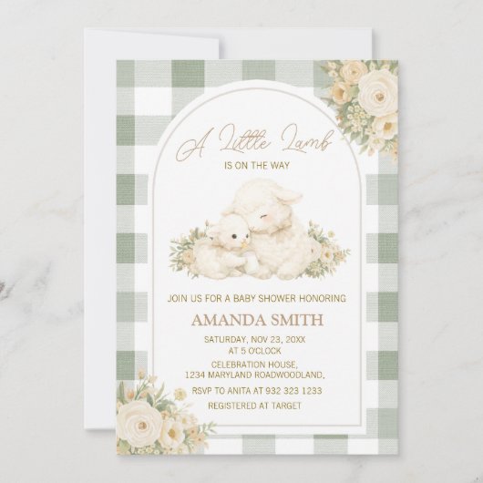 Sage Green Gingham Little Lamb Baby Shower Kaart (Voorkant)