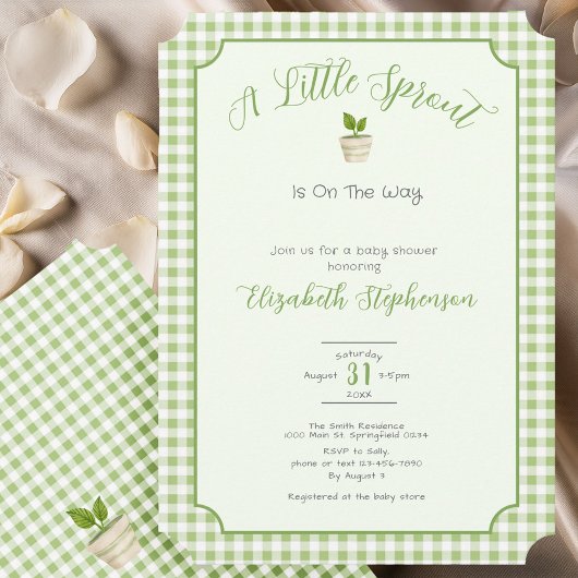 Sage Green Gingham Little Sprout Baby Shower Kaart