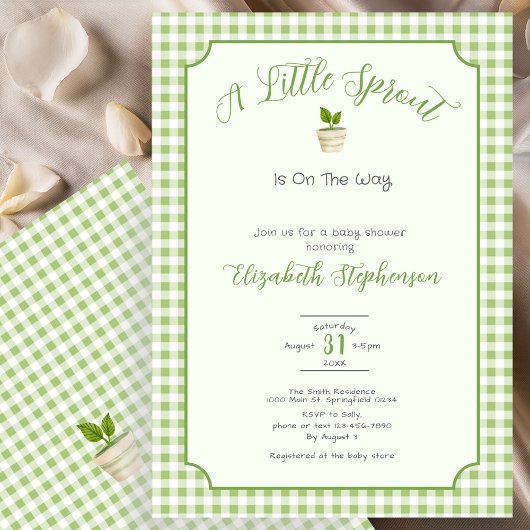 Sage Green Gingham Little Sprout Baby Shower Kaart