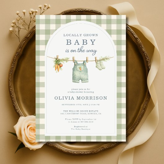 Sage Green Gingham Locally Grown Baby Shower Kaart