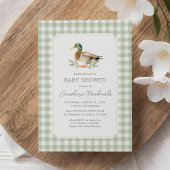 Sage Green Gingham Mallard Duck Baby shower Kaart