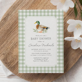 Sage Green Gingham Mallard Duck Baby shower Kaart