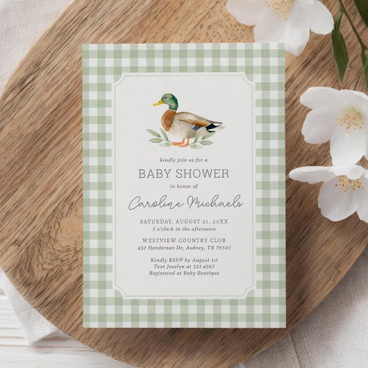 Sage Green Gingham Mallard Duck Baby shower Kaart