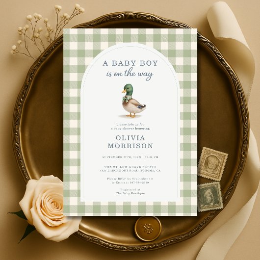 Sage Green Gingham Mallard Duck Bow Baby Shower Kaart