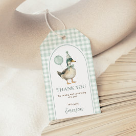 Sage Green Gingham One Lucky Duck Balloon Verjaard Cadeaulabel