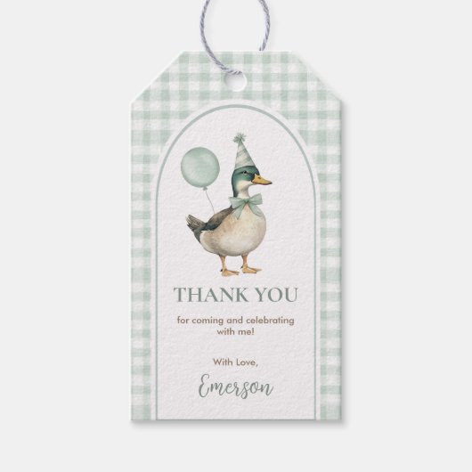 Sage Green Gingham One Lucky Duck Balloon Verjaard Cadeaulabel (Voorkant)