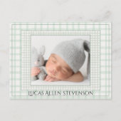 Sage Green Gingham One Photo Gender Neutral Birth Aankondigingskaart (Voorkant)
