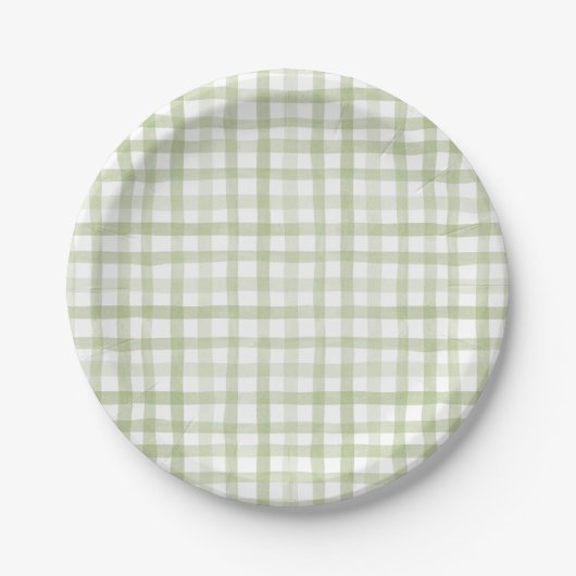 Sage Green Gingham Papieren Bordje (Voorkant)