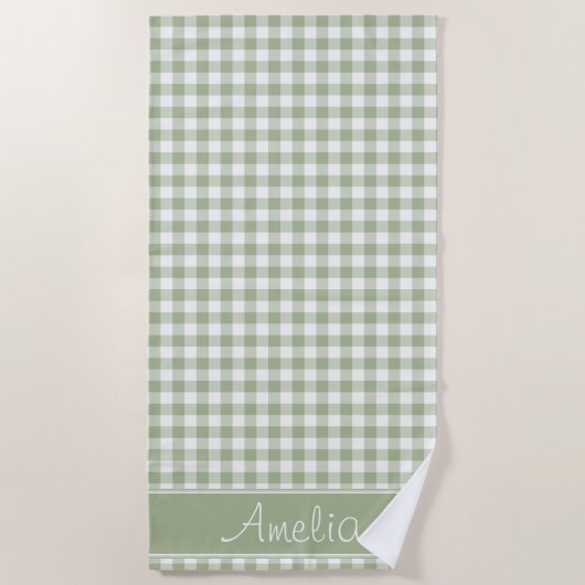 Sage Green Gingham Pattern | Gepersonaliseerd Strandlaken (Voorkant)