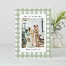 Sage Green Gingham Plaid 5 Photo Christmas Feestdagenkaart