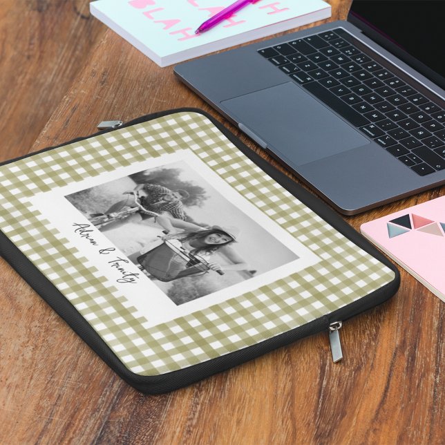 Sage Green Gingham Plaid Aangepaste Foto Laptop Sleeve (Creator heeft geüpload)