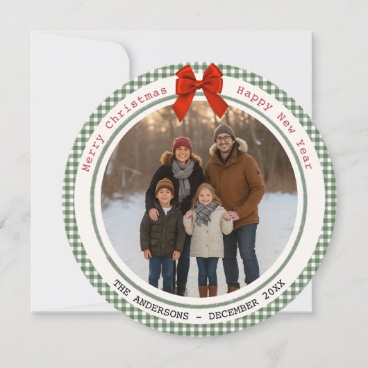 Sage Green Gingham Plaid Circle Photo Christmas Feestdagenkaart (Voorkant)
