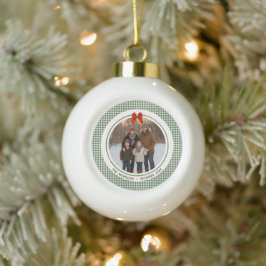 Sage Green Gingham Plaid Circle Photo Christmas Keramische Bal Ornament