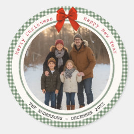 Sage Green Gingham Plaid Circle Photo Christmas Ronde Sticker