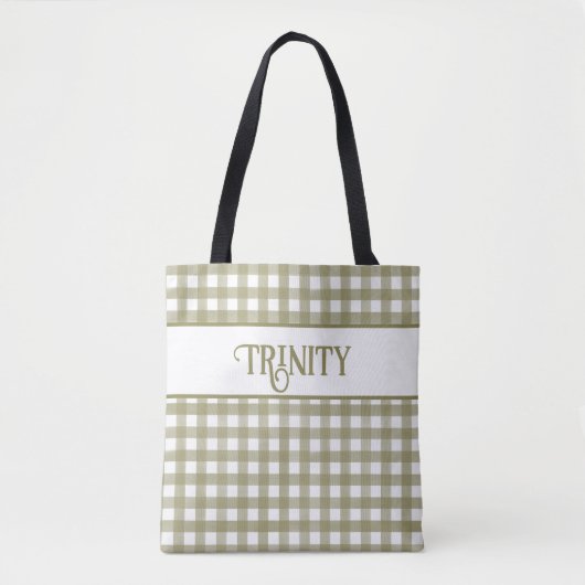 Sage Green Gingham Plaid Gepersonaliseerd Tote Bag (Voorkant)