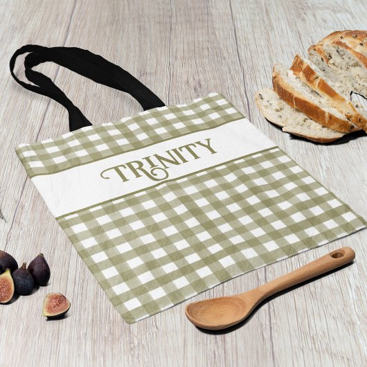 Sage Green Gingham Plaid Gepersonaliseerd Tote Bag