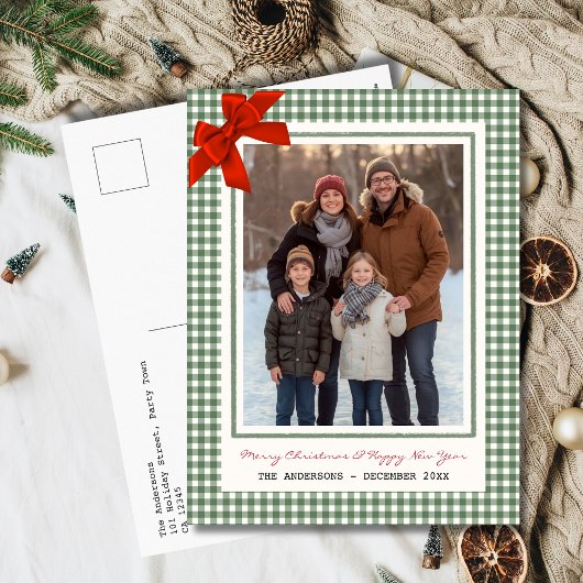 Sage Green Gingham Plaid Multi Photo Christmas Feestdagenkaart