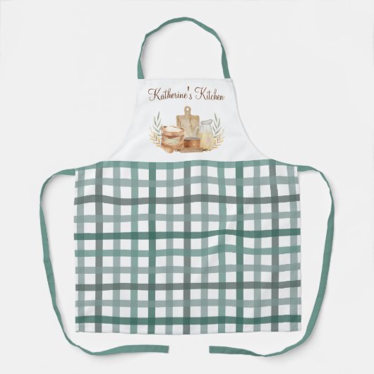 Sage Green Gingham Plaid Patroon Baking Supplies Schort (Voorkant)