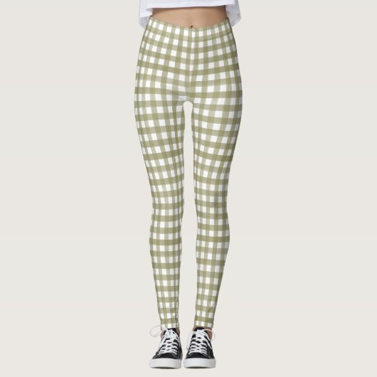 Sage Green Gingham Plaid Patterned Leggings (Voorkant)