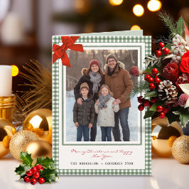 Sage Green Gingham Plaid Photo Christmas Feestdagen Kaart