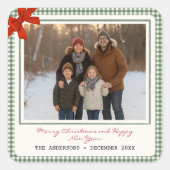 Sage Green Gingham Plaid Photo Christmas Vierkante Sticker (Voorkant)