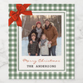 Sage Green Gingham Plaid Photo Christmas Wijn Etiket (Enkel label)