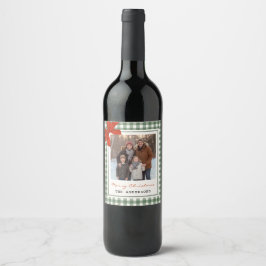 Sage Green Gingham Plaid Photo Christmas Wijn Etiket