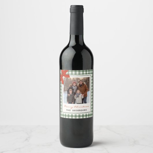 Sage Green Gingham Plaid Photo Christmas Wijn Etiket (Voorkant)