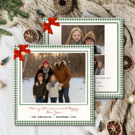 Sage Green Gingham Plaid Square Photo Christmas Feestdagenkaart