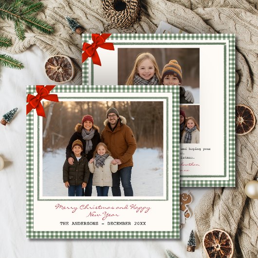 Sage Green Gingham Plaid Square Photo Christmas Feestdagenkaart