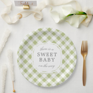 Sage Green Gingham Plaid Sweet Baby Papieren Bordje